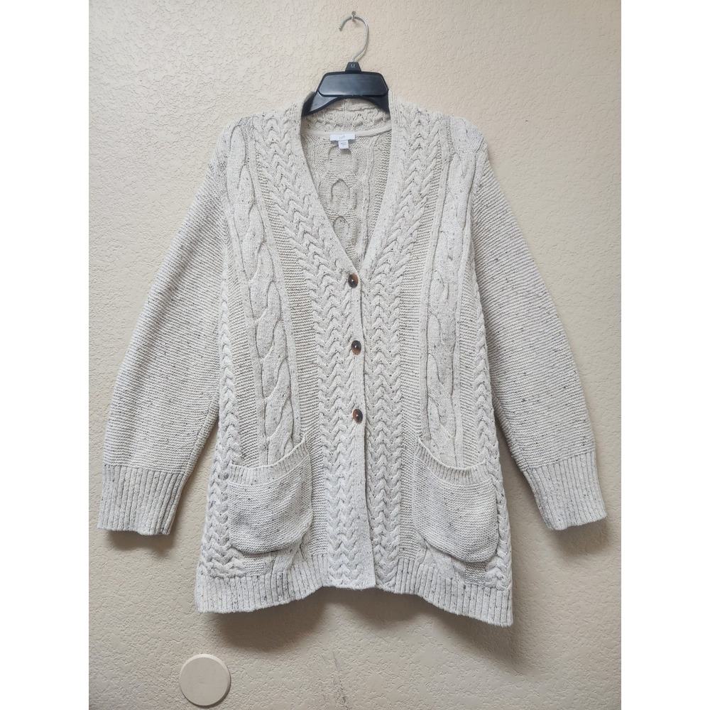 J.Jill L Beige Cable Knit Cardigan Sweater Vintage Grandma Core Womens Pockets